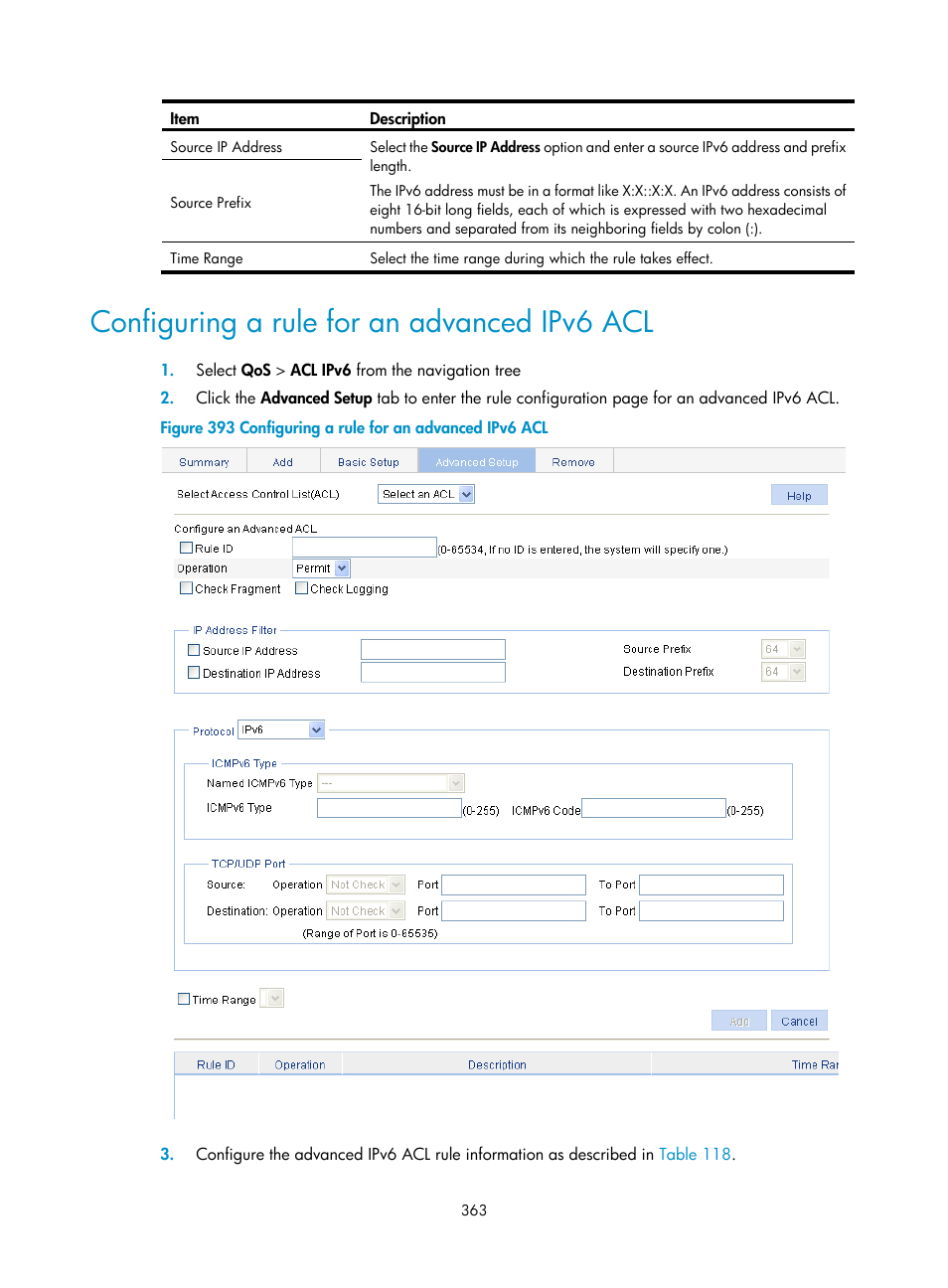 Configuring a rule for an advanced ipv6 acl | H3C Technologies H3C WA3600 Series Access Points User Manual | Page 376 / 447