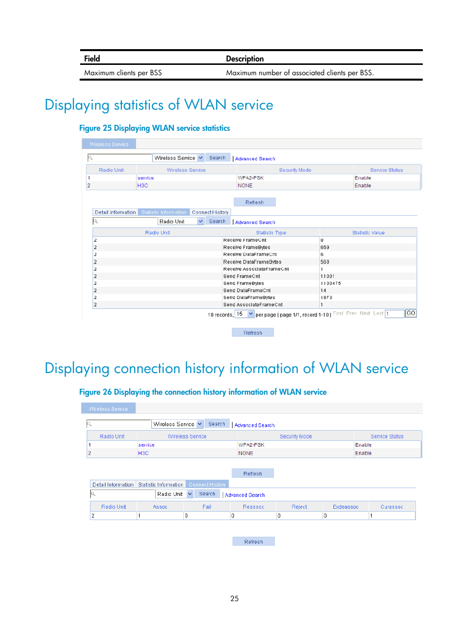 Displaying statistics of wlan service | H3C Technologies H3C WA3600 Series Access Points User Manual | Page 38 / 447