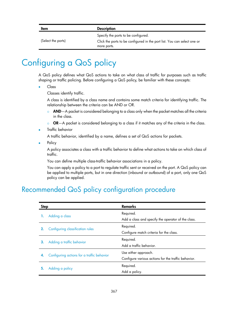 Configuring a qos policy, Recommended qos policy configuration procedure | H3C Technologies H3C WA3600 Series Access Points User Manual | Page 380 / 447