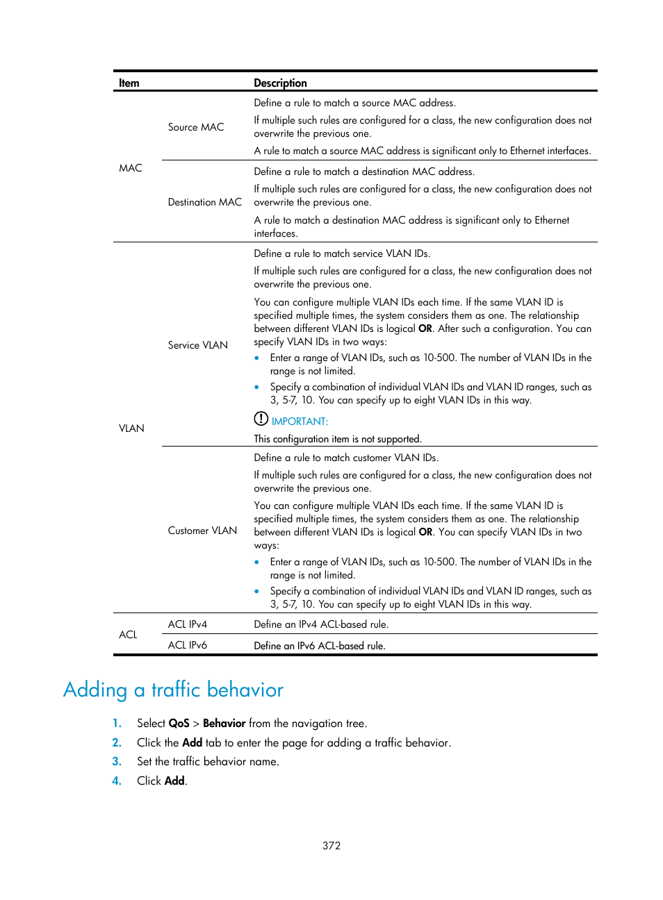 Adding a traffic behavior | H3C Technologies H3C WA3600 Series Access Points User Manual | Page 385 / 447