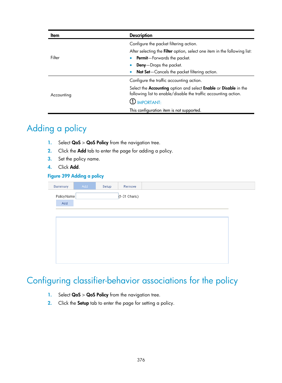 Adding a policy, Configuring classifier-behavior associations for, The policy | H3C Technologies H3C WA3600 Series Access Points User Manual | Page 389 / 447