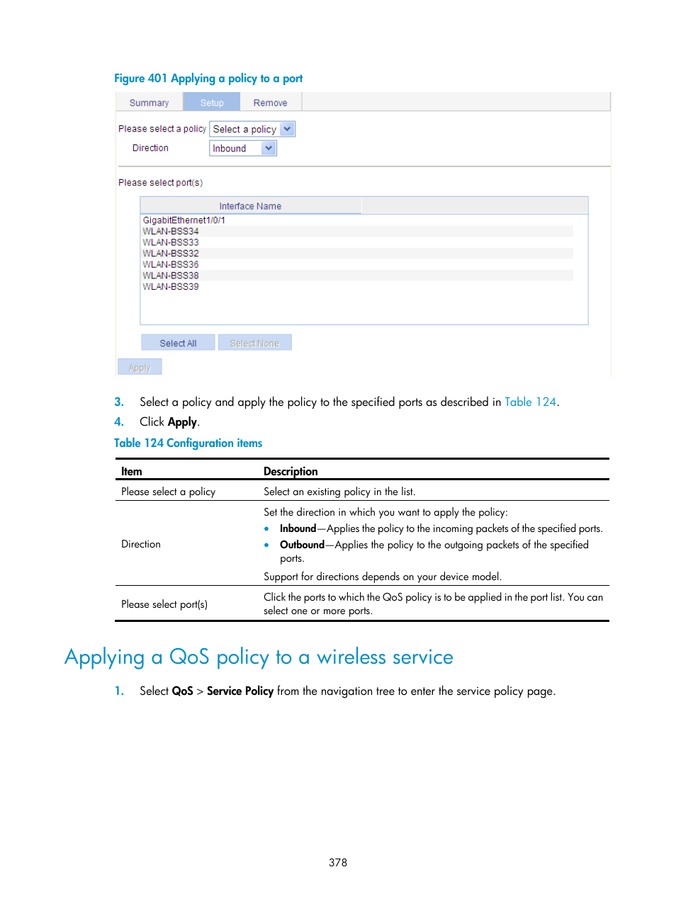 Applying a qos policy to a wireless service | H3C Technologies H3C WA3600 Series Access Points User Manual | Page 391 / 447