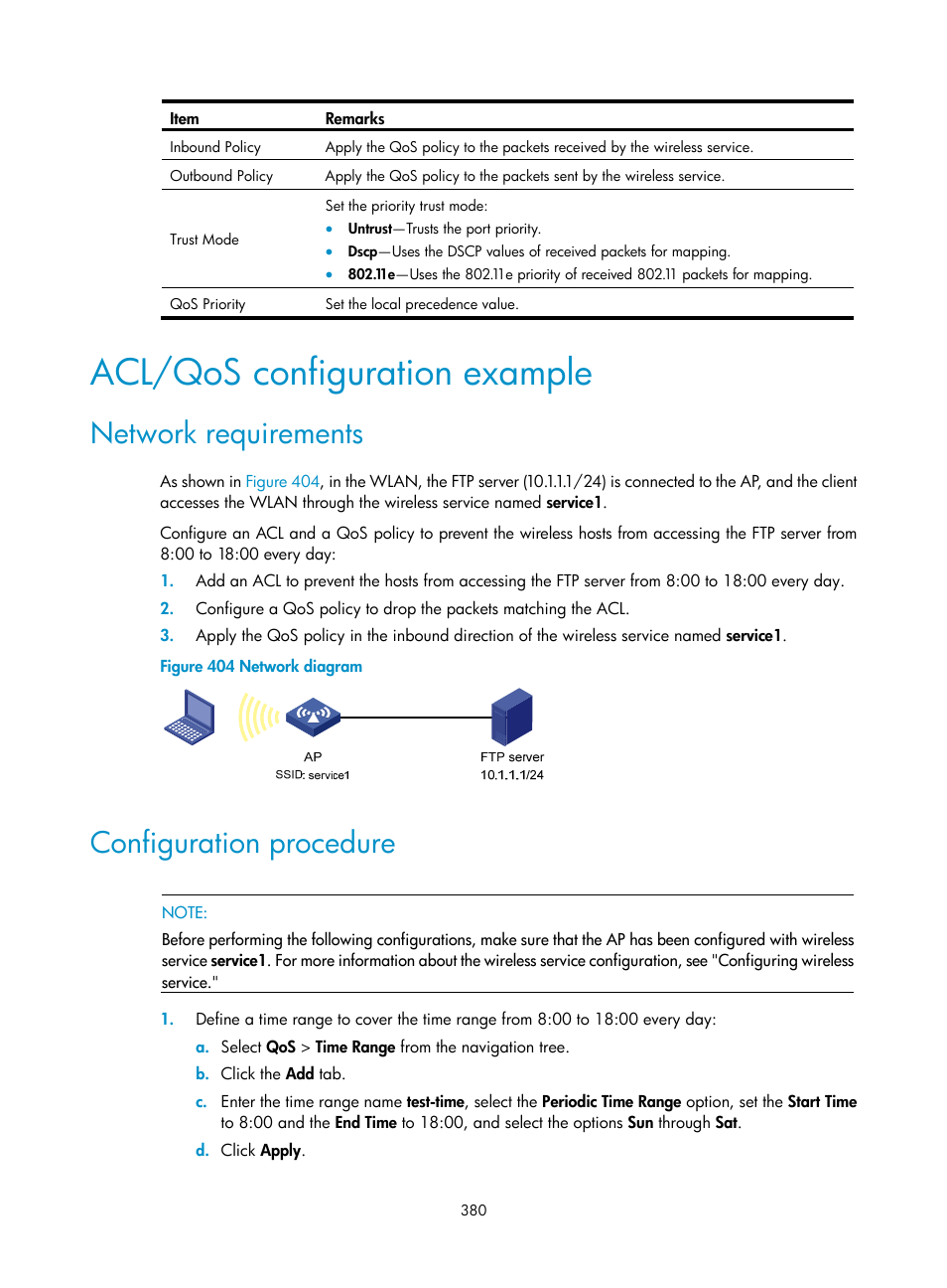 Acl/qos configuration example, Network requirements, Configuration procedure | H3C Technologies H3C WA3600 Series Access Points User Manual | Page 393 / 447