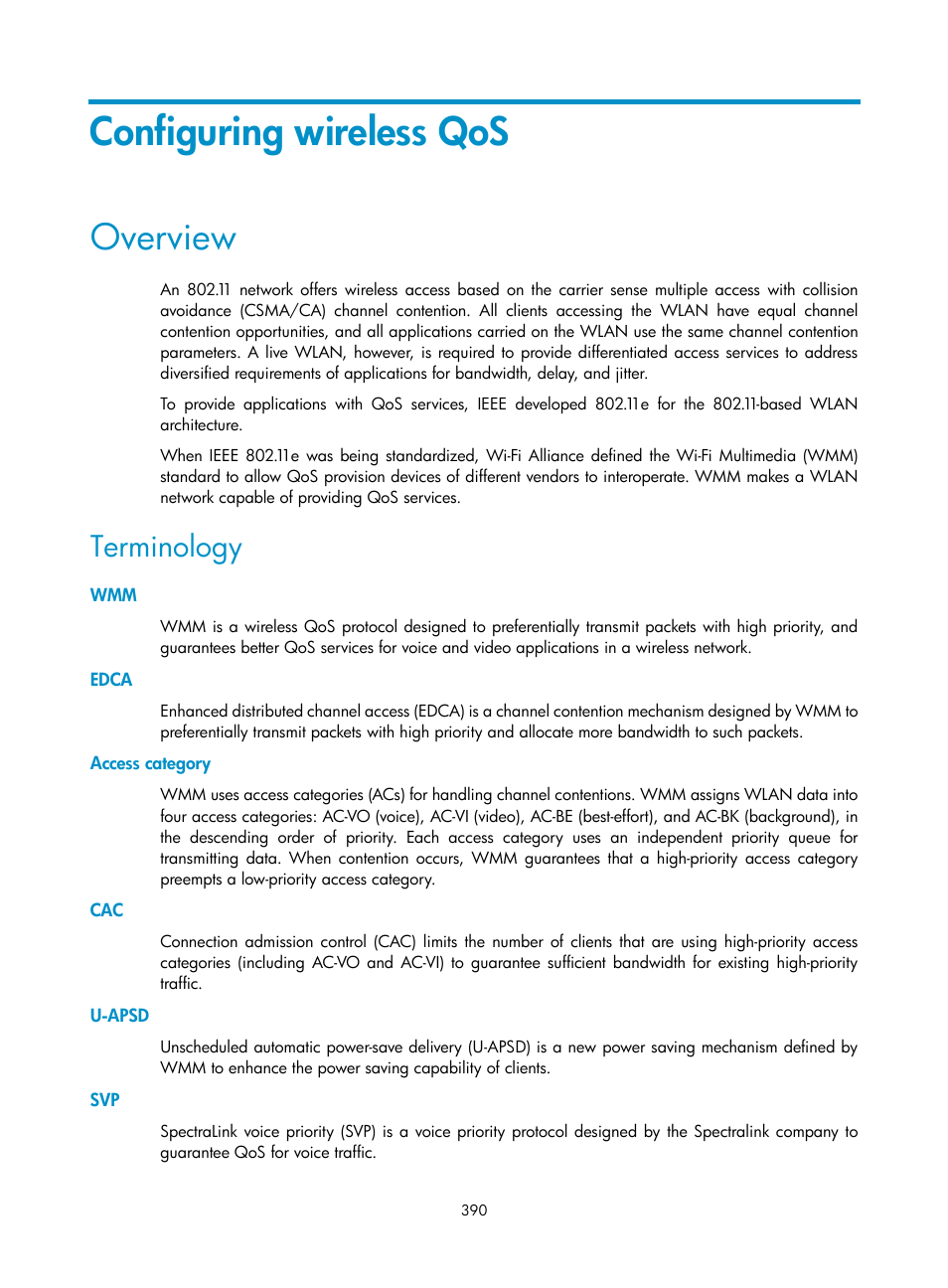 Configuring wireless qos, Overview, Terminology | Edca, Access category, U-apsd | H3C Technologies H3C WA3600 Series Access Points User Manual | Page 403 / 447