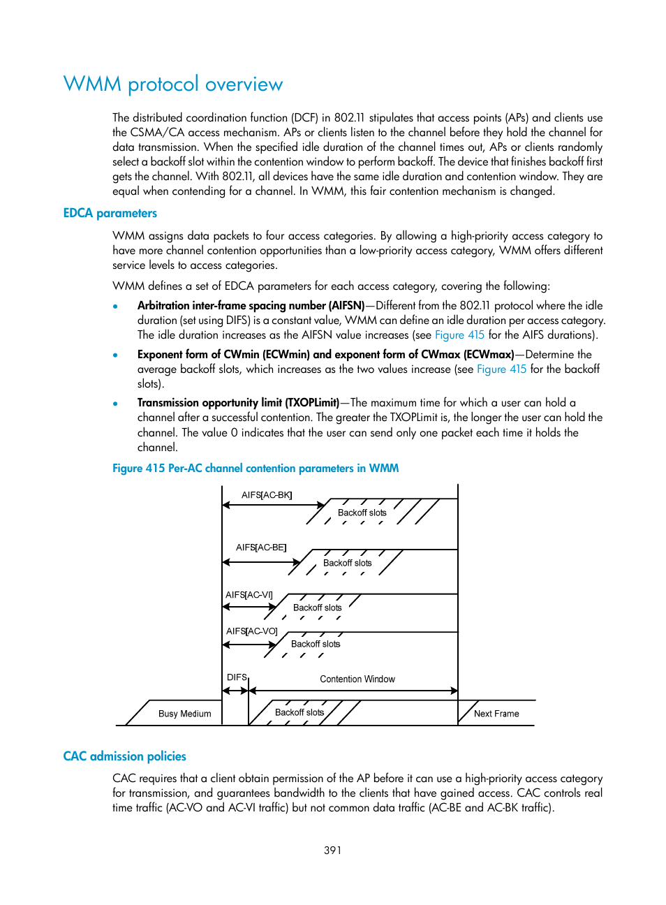 Wmm protocol overview, Edca parameters, Cac admission policies | H3C Technologies H3C WA3600 Series Access Points User Manual | Page 404 / 447