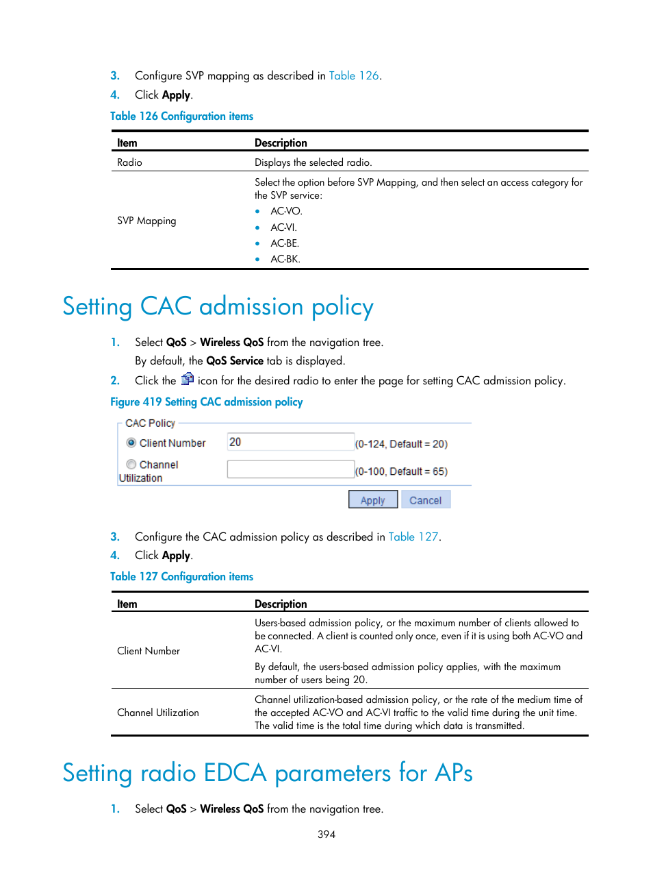 Setting cac admission policy, Setting radio edca parameters for aps | H3C Technologies H3C WA3600 Series Access Points User Manual | Page 407 / 447