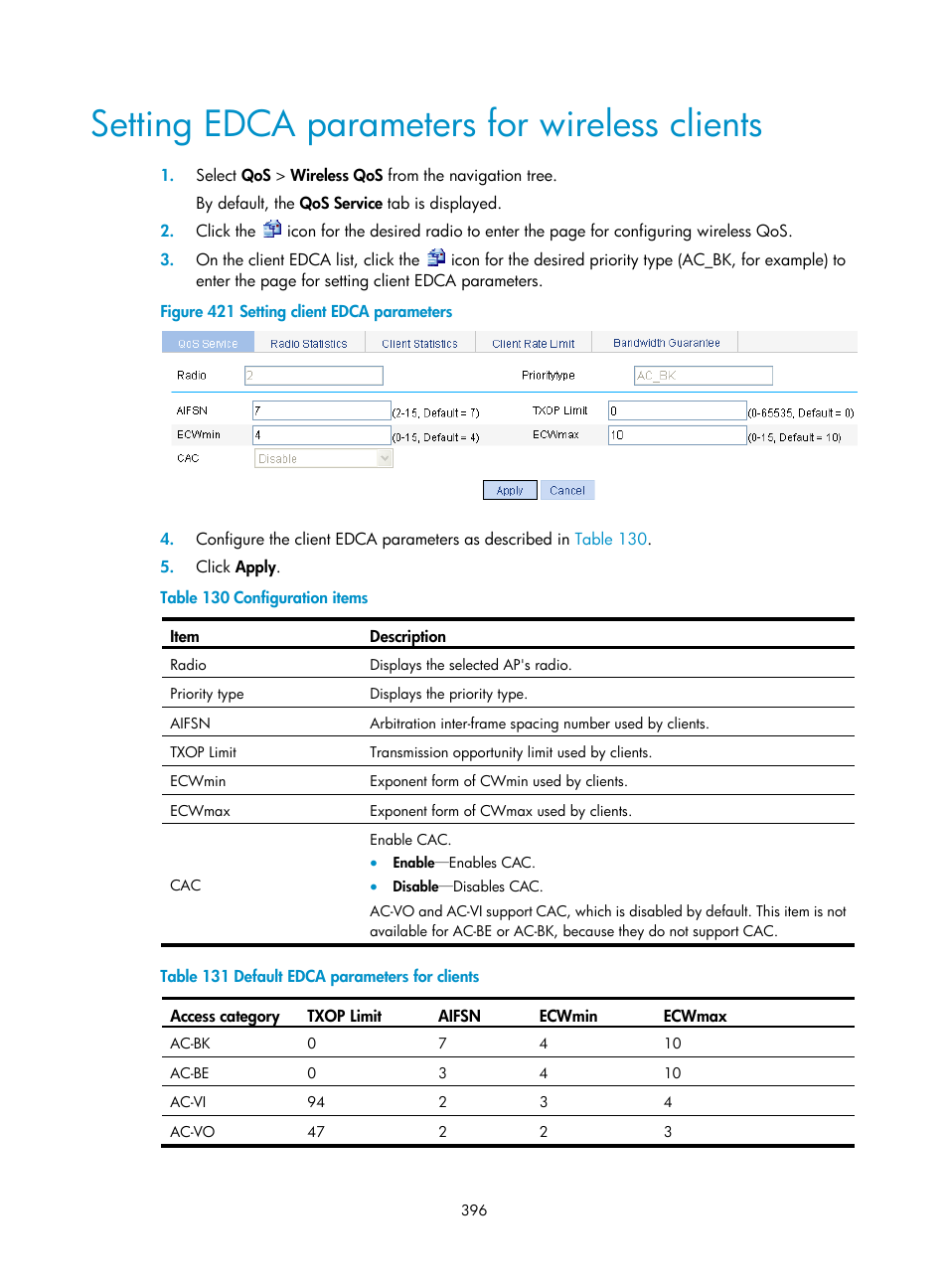 Setting edca parameters for wireless clients | H3C Technologies H3C WA3600 Series Access Points User Manual | Page 409 / 447