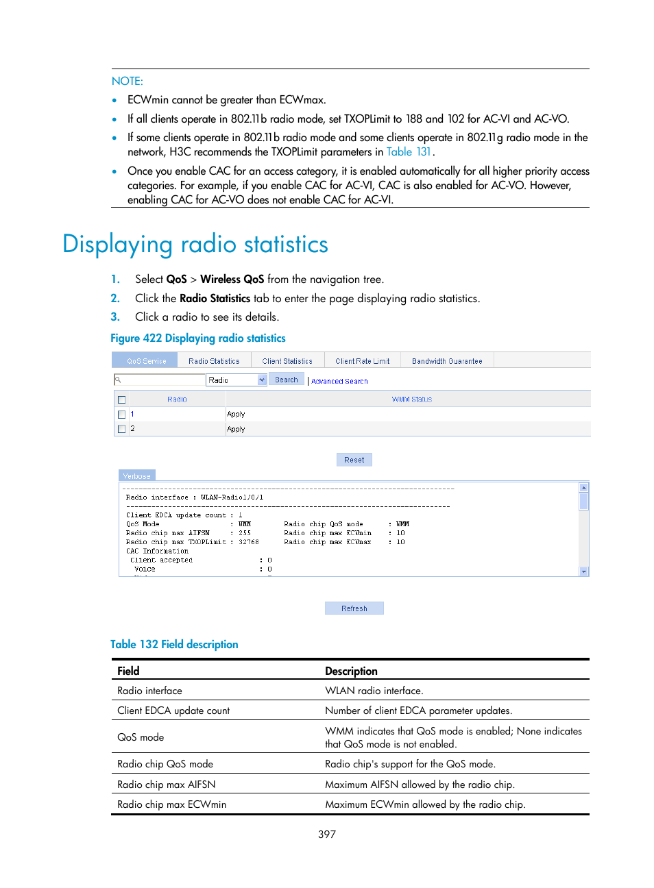 Displaying radio statistics | H3C Technologies H3C WA3600 Series Access Points User Manual | Page 410 / 447