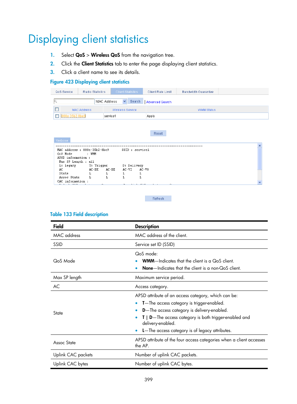 Displaying client statistics | H3C Technologies H3C WA3600 Series Access Points User Manual | Page 412 / 447