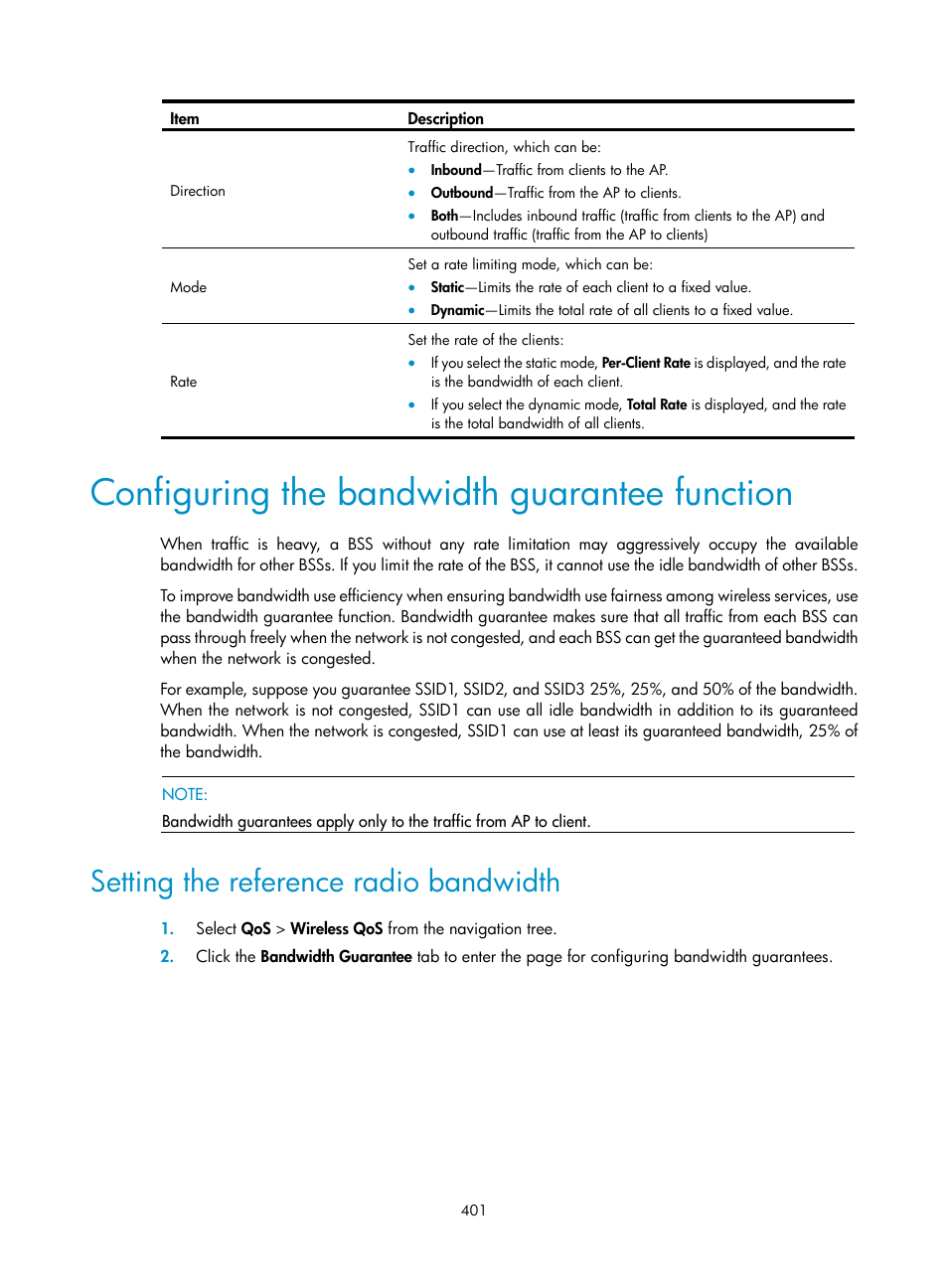 Configuring the bandwidth guarantee function, Setting the reference radio bandwidth | H3C Technologies H3C WA3600 Series Access Points User Manual | Page 414 / 447