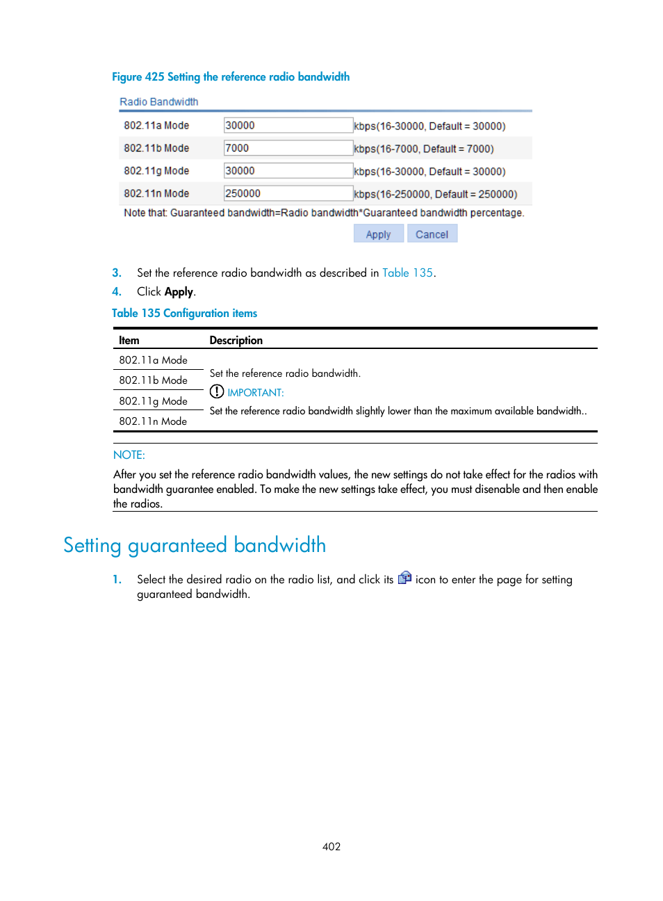 Setting guaranteed bandwidth | H3C Technologies H3C WA3600 Series Access Points User Manual | Page 415 / 447