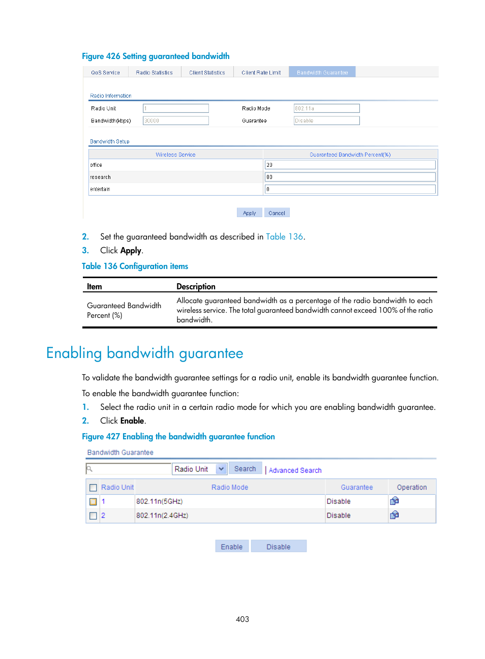 Enabling bandwidth guarantee | H3C Technologies H3C WA3600 Series Access Points User Manual | Page 416 / 447