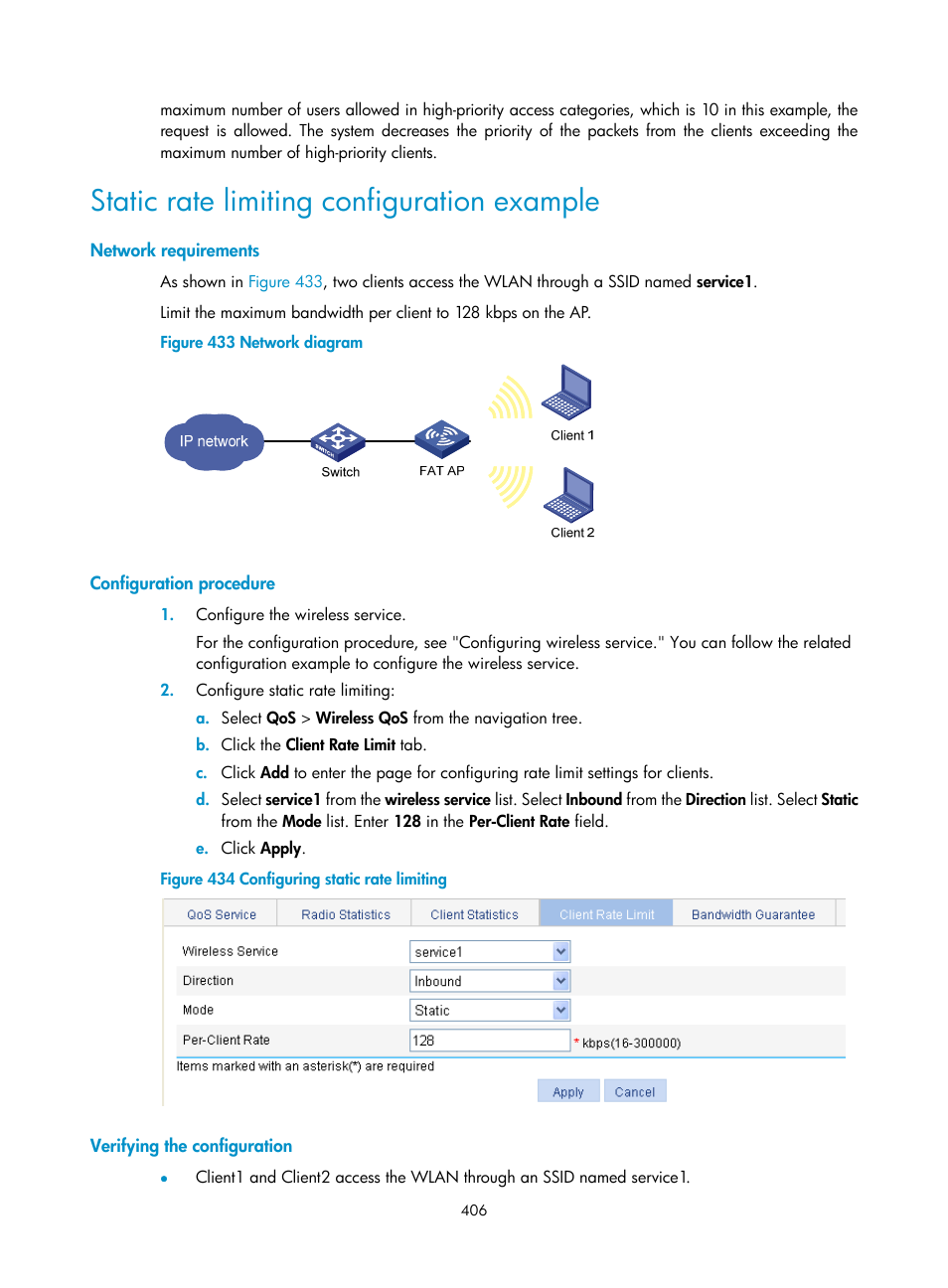 Static rate limiting configuration example, Network requirements, Configuration procedure | Verifying the configuration | H3C Technologies H3C WA3600 Series Access Points User Manual | Page 419 / 447