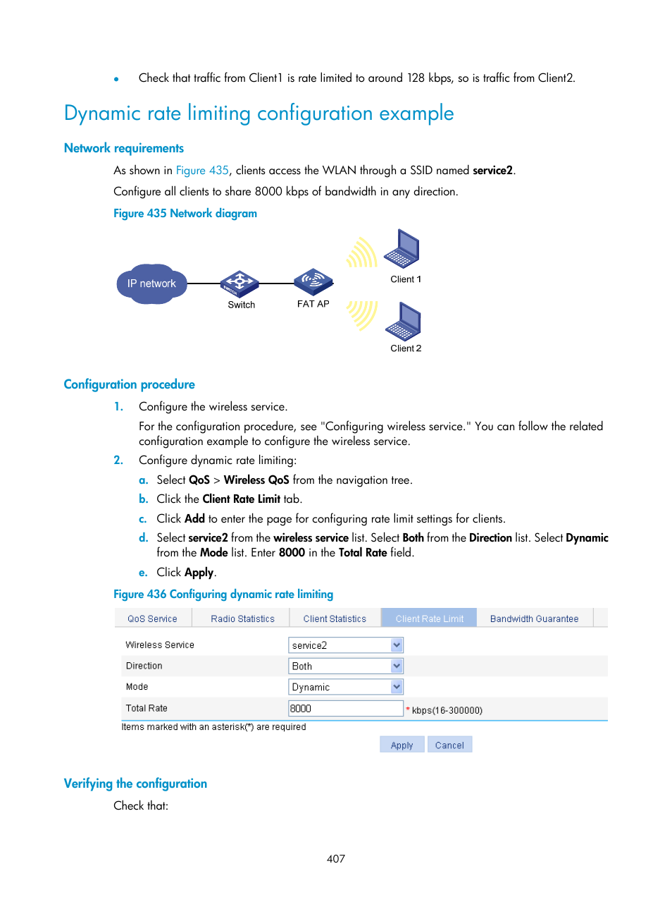 Dynamic rate limiting configuration example, Network requirements, Configuration procedure | Verifying the configuration | H3C Technologies H3C WA3600 Series Access Points User Manual | Page 420 / 447