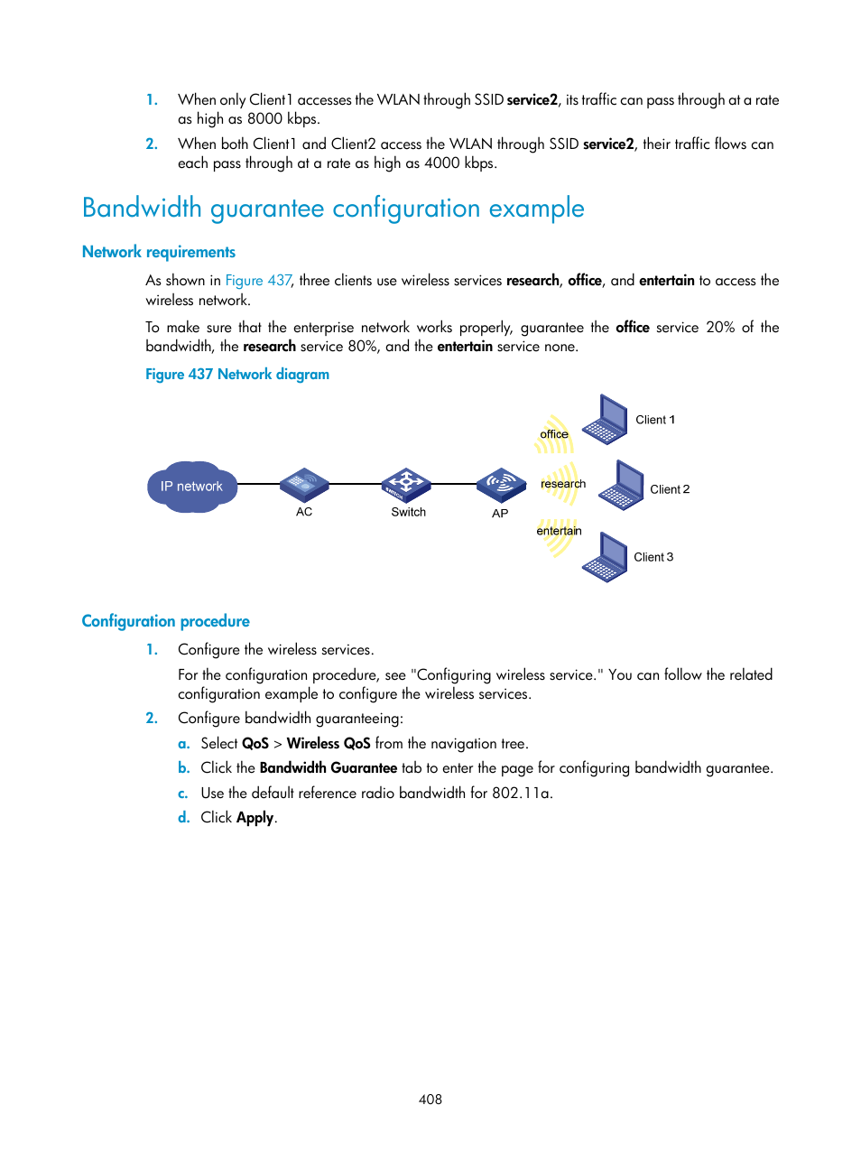 Bandwidth guarantee configuration example, Network requirements, Configuration procedure | H3C Technologies H3C WA3600 Series Access Points User Manual | Page 421 / 447