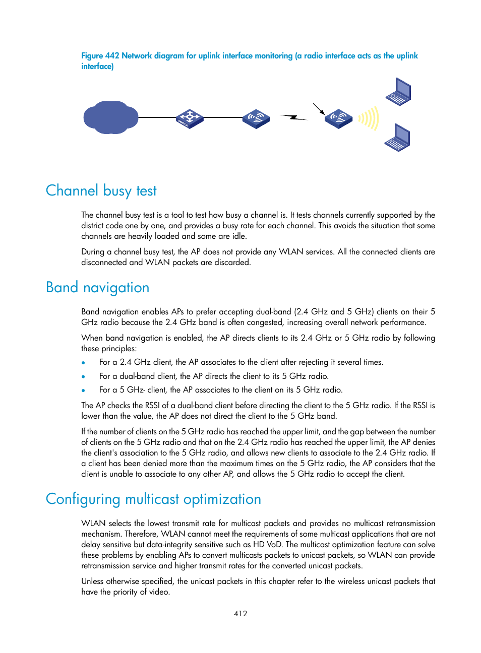 Channel busy test, Band navigation, Configuring multicast optimization | Figure 442 | H3C Technologies H3C WA3600 Series Access Points User Manual | Page 425 / 447