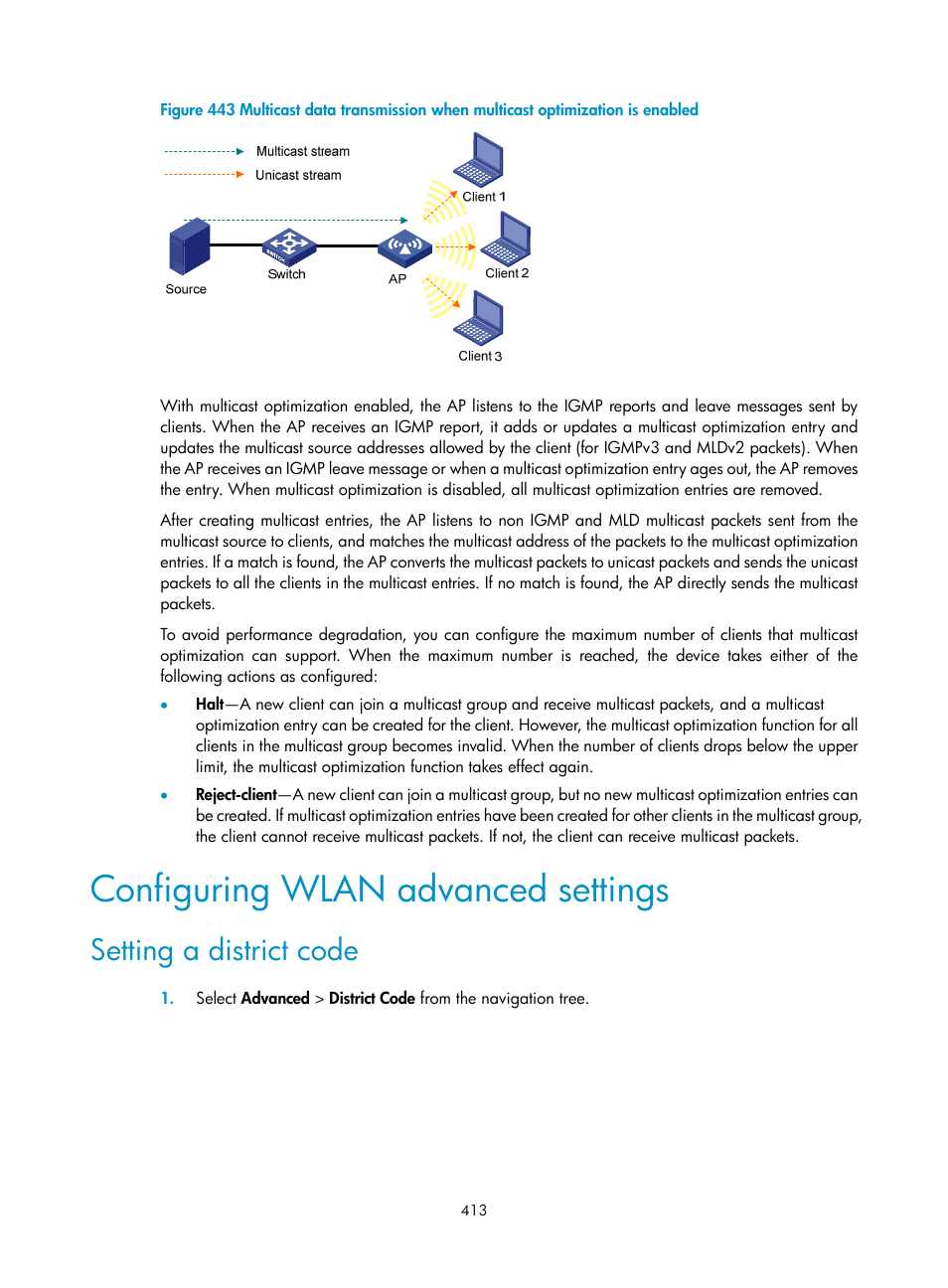 Configuring wlan advanced settings, Setting a district code | H3C Technologies H3C WA3600 Series Access Points User Manual | Page 426 / 447