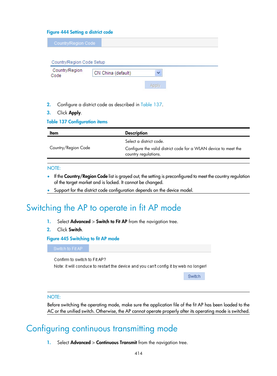 Switching the ap to operate in fit ap mode, Configuring continuous transmitting mode | H3C Technologies H3C WA3600 Series Access Points User Manual | Page 427 / 447