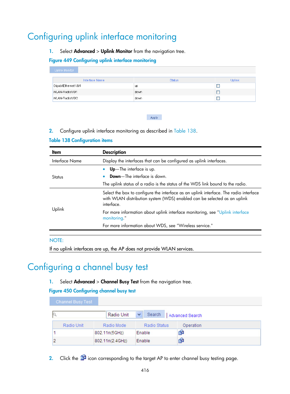 Configuring uplink interface monitoring, Configuring a channel busy test, Configuring uplink | Interface monitoring | H3C Technologies H3C WA3600 Series Access Points User Manual | Page 429 / 447