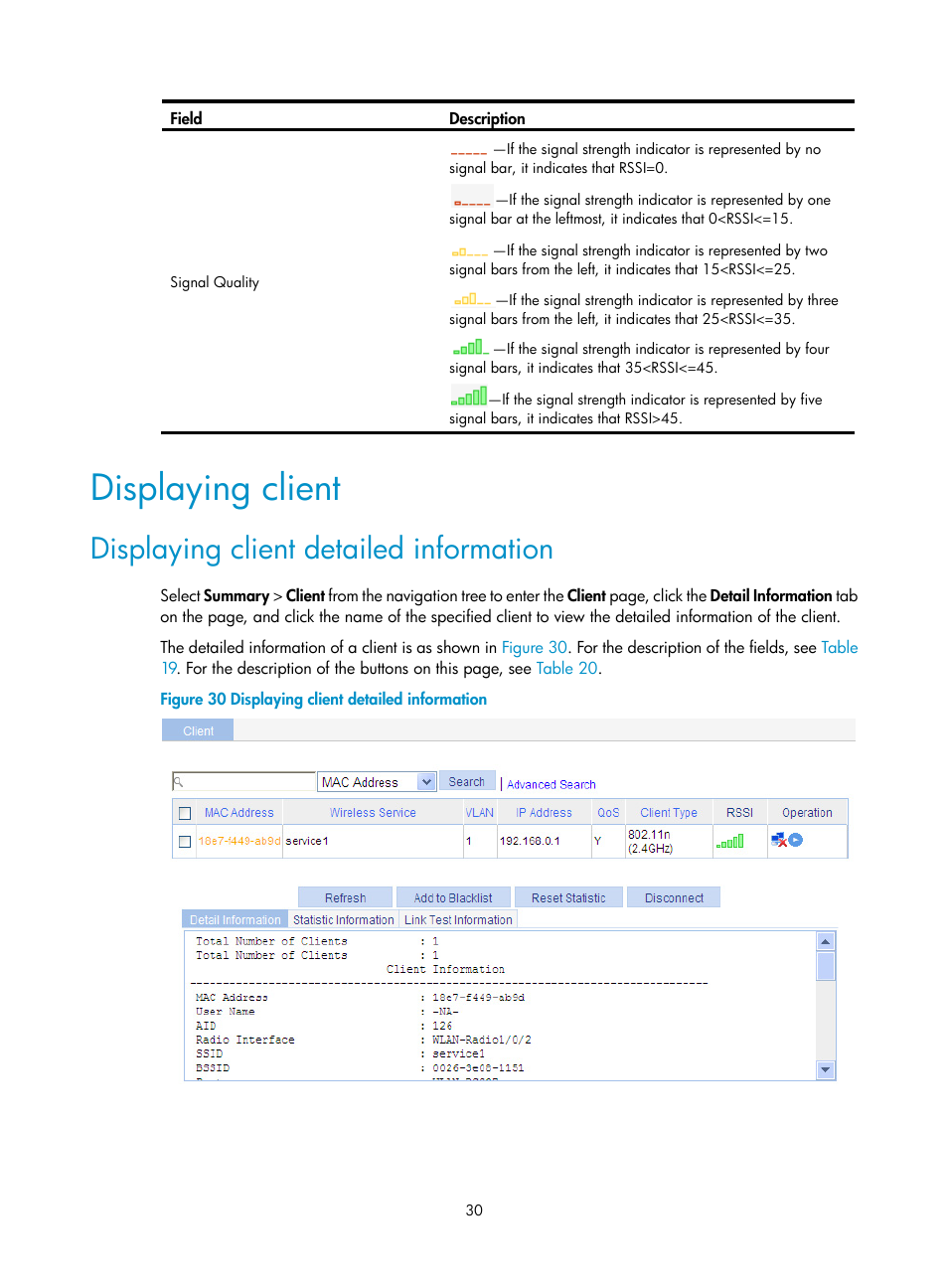 Displaying client, Displaying client detailed information | H3C Technologies H3C WA3600 Series Access Points User Manual | Page 43 / 447