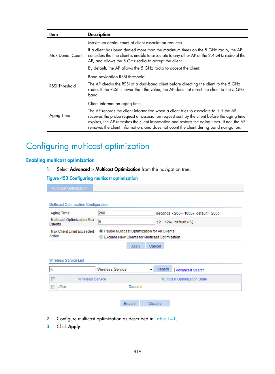 Configuring multicast optimization, Enabling multicast optimization | H3C Technologies H3C WA3600 Series Access Points User Manual | Page 432 / 447