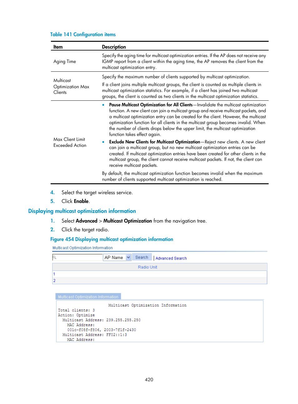 Displaying multicast optimization information | H3C Technologies H3C WA3600 Series Access Points User Manual | Page 433 / 447