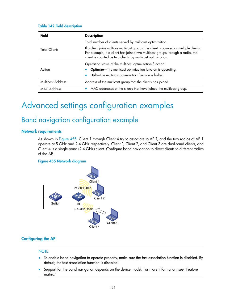 Advanced settings configuration examples, Band navigation configuration example, Network requirements | Configuring the ap | H3C Technologies H3C WA3600 Series Access Points User Manual | Page 434 / 447