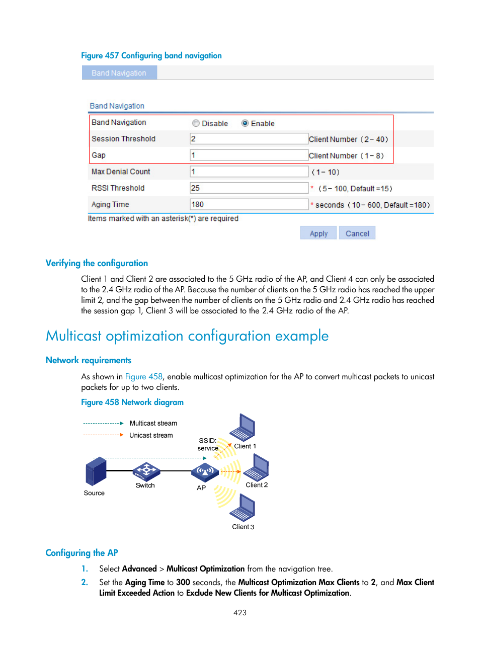 Verifying the configuration, Multicast optimization configuration example, Network requirements | Configuring the ap | H3C Technologies H3C WA3600 Series Access Points User Manual | Page 436 / 447