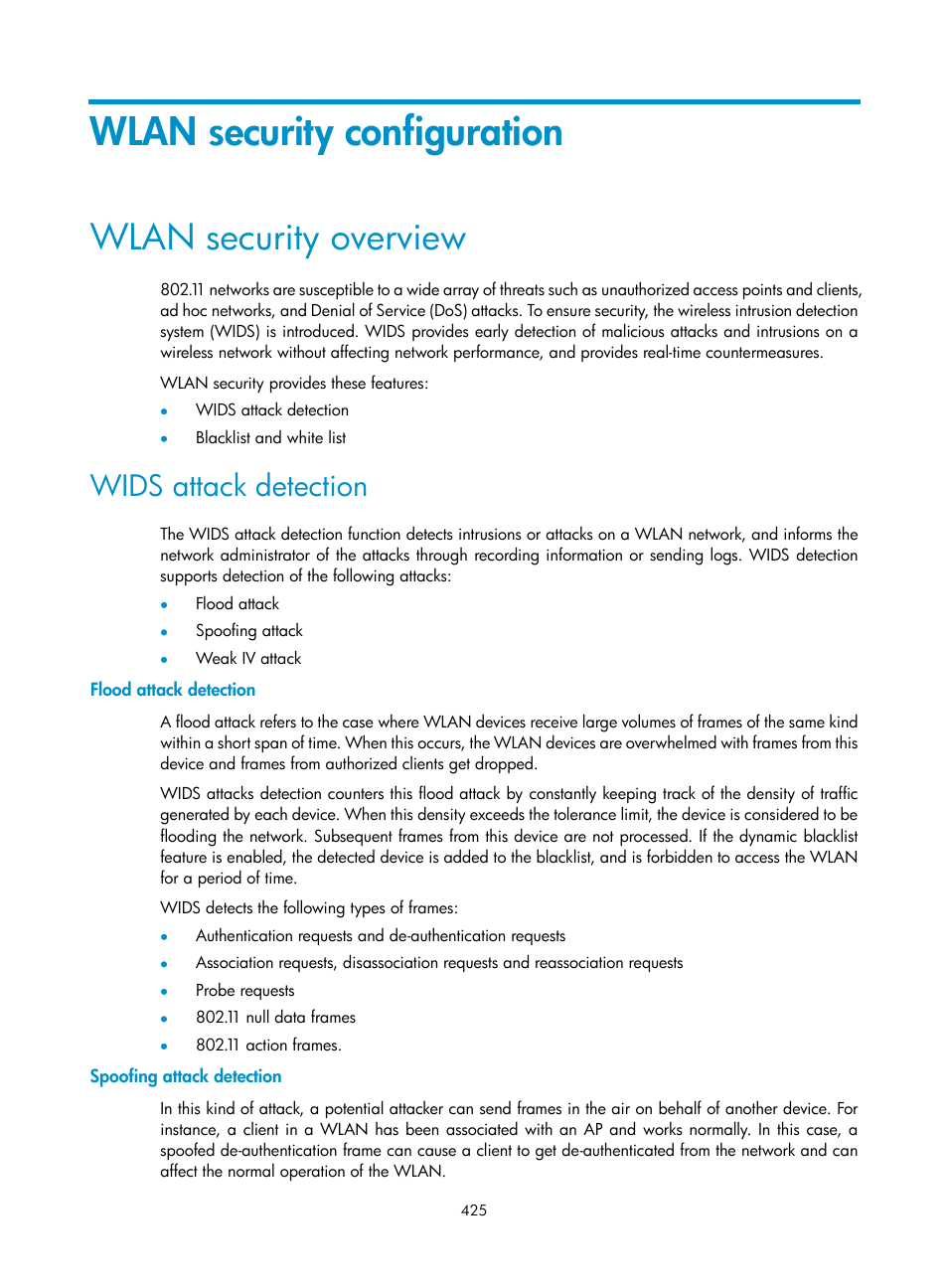 Wlan security configuration, Wlan security overview, Wids attack detection | Flood attack detection, Spoofing attack detection | H3C Technologies H3C WA3600 Series Access Points User Manual | Page 438 / 447