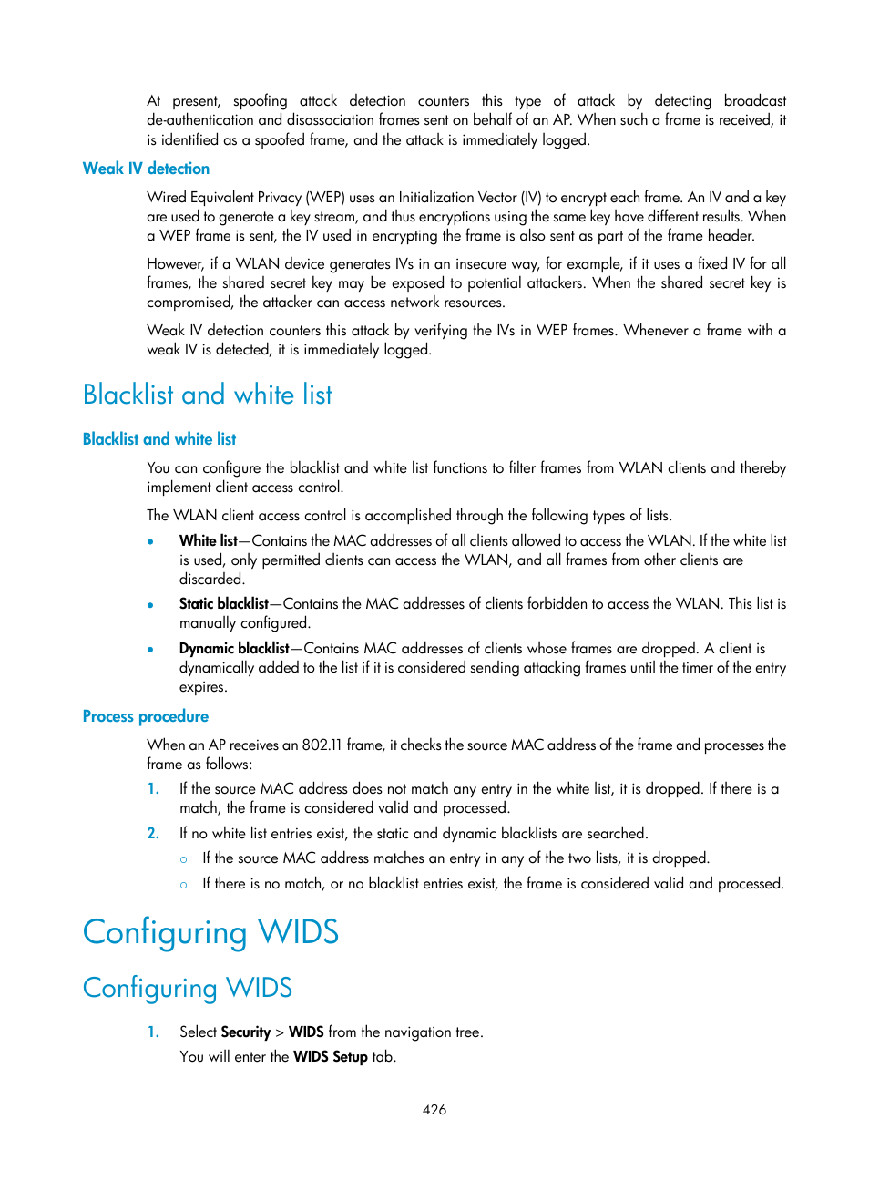 Weak iv detection, Blacklist and white list, Process procedure | Configuring wids | H3C Technologies H3C WA3600 Series Access Points User Manual | Page 439 / 447