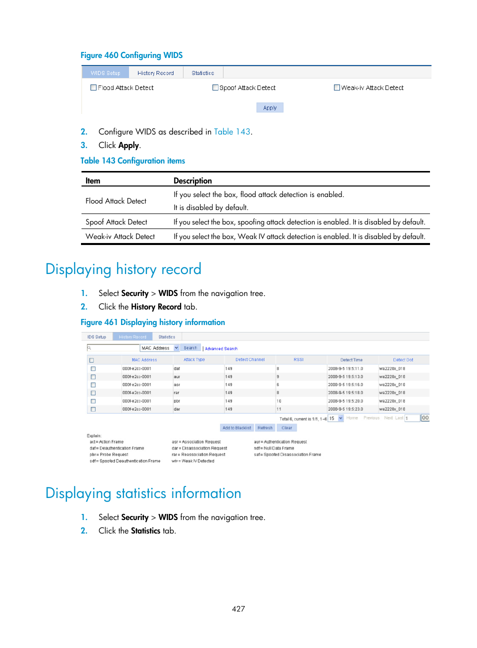 Displaying history record, Displaying statistics information | H3C Technologies H3C WA3600 Series Access Points User Manual | Page 440 / 447