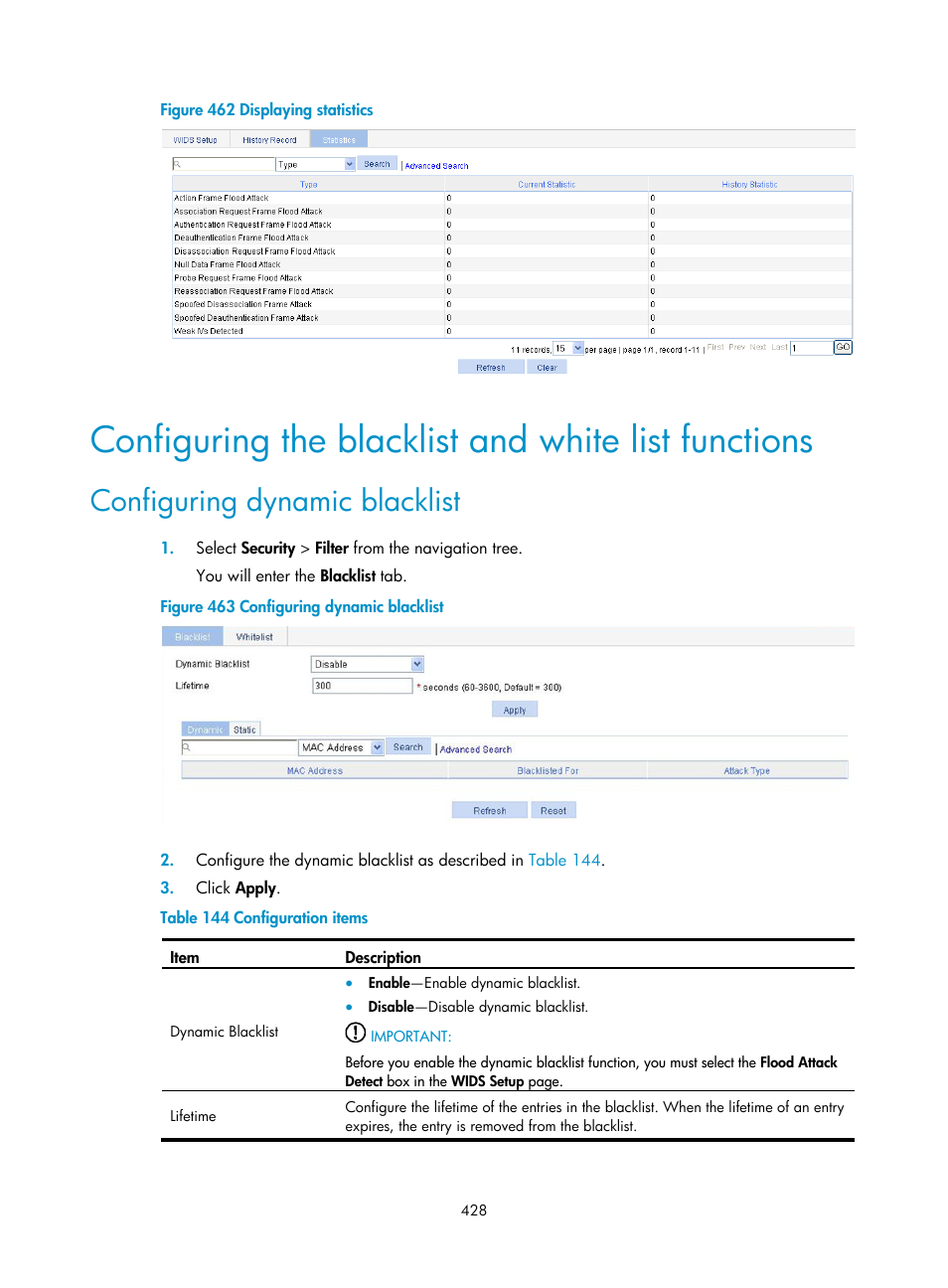 Configuring the blacklist and white list functions, Configuring dynamic blacklist | H3C Technologies H3C WA3600 Series Access Points User Manual | Page 441 / 447