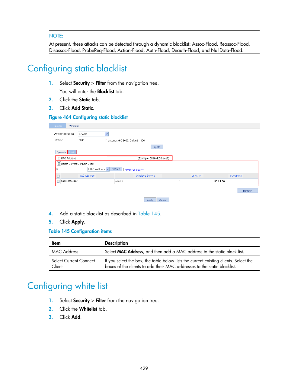 Configuring static blacklist, Configuring white list | H3C Technologies H3C WA3600 Series Access Points User Manual | Page 442 / 447