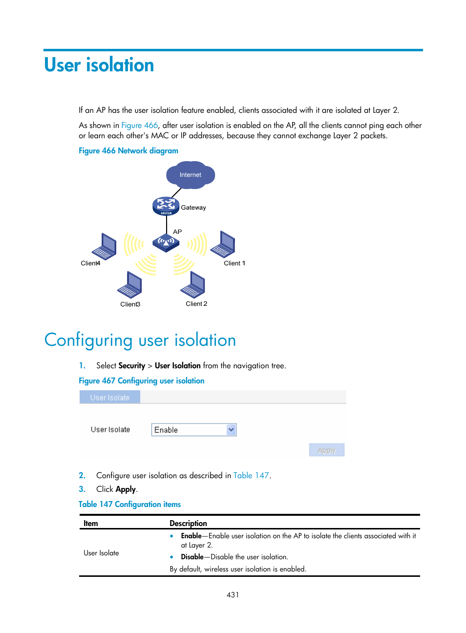 User isolation, Configuring user isolation | H3C Technologies H3C WA3600 Series Access Points User Manual | Page 444 / 447