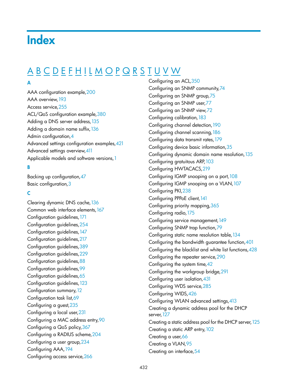 Index | H3C Technologies H3C WA3600 Series Access Points User Manual | Page 445 / 447