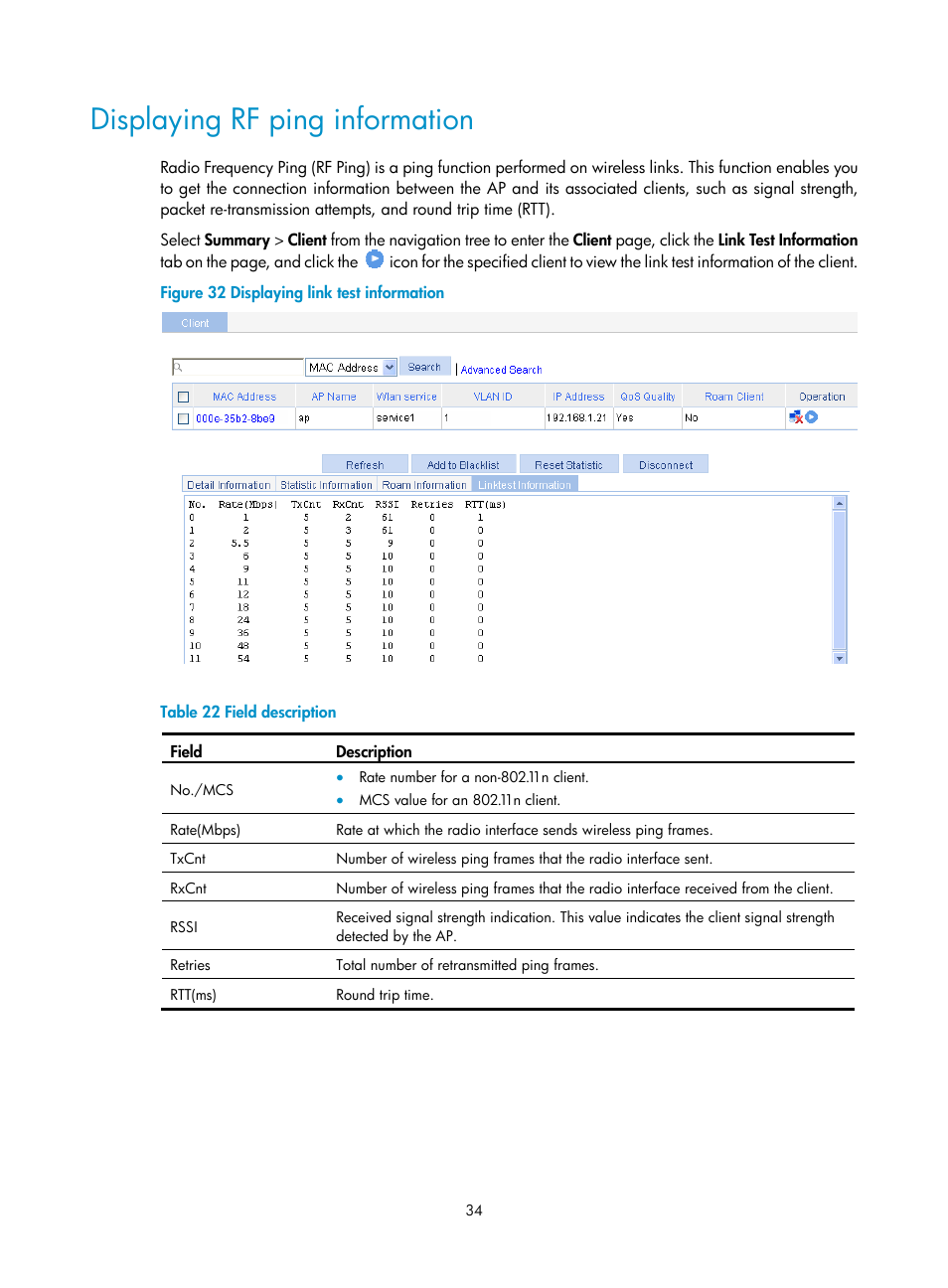 Displaying rf ping information | H3C Technologies H3C WA3600 Series Access Points User Manual | Page 47 / 447