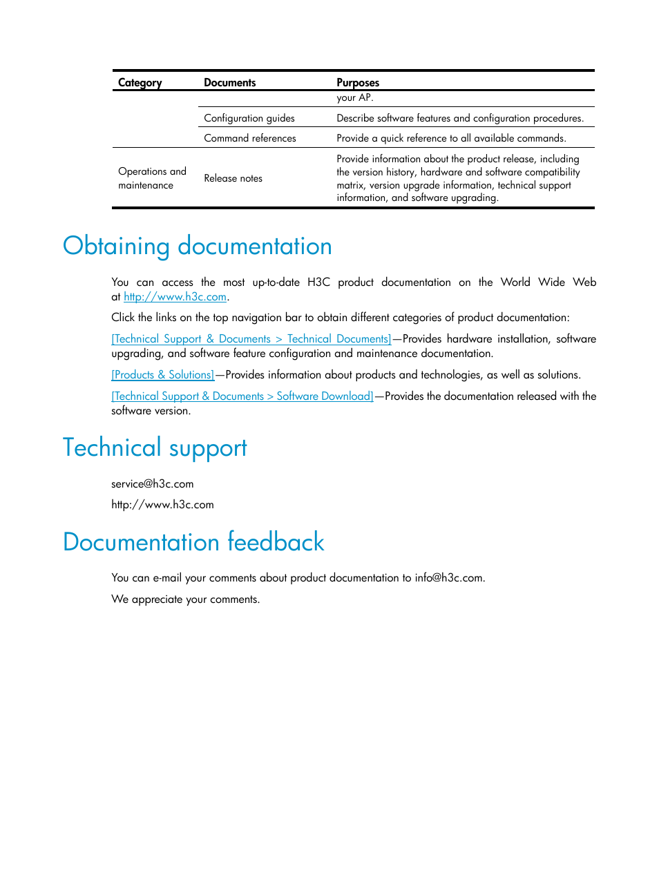 Obtaining documentation, Technical support, Documentation feedback | H3C Technologies H3C WA3600 Series Access Points User Manual | Page 5 / 447