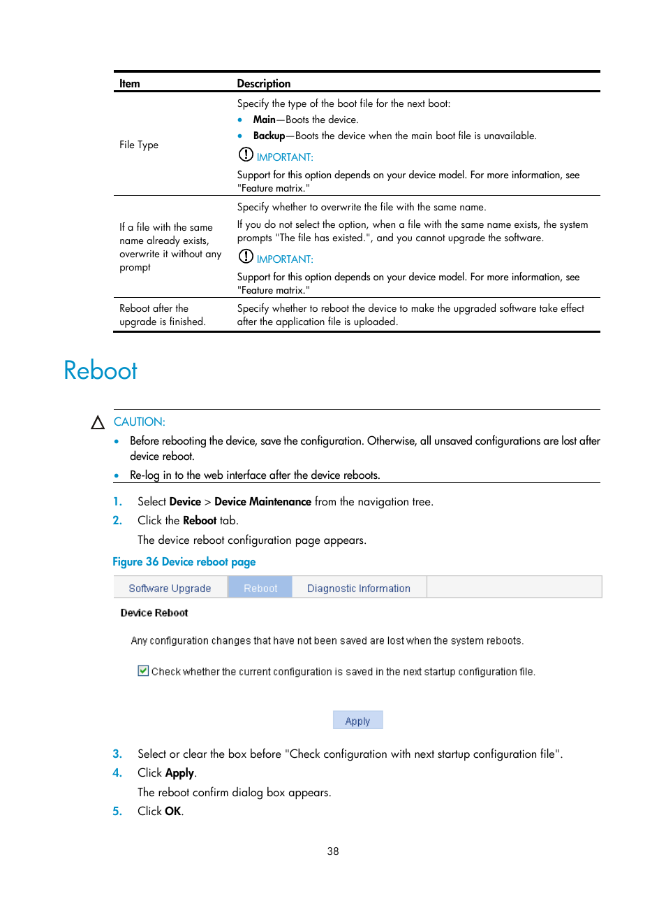 Reboot | H3C Technologies H3C WA3600 Series Access Points User Manual | Page 51 / 447