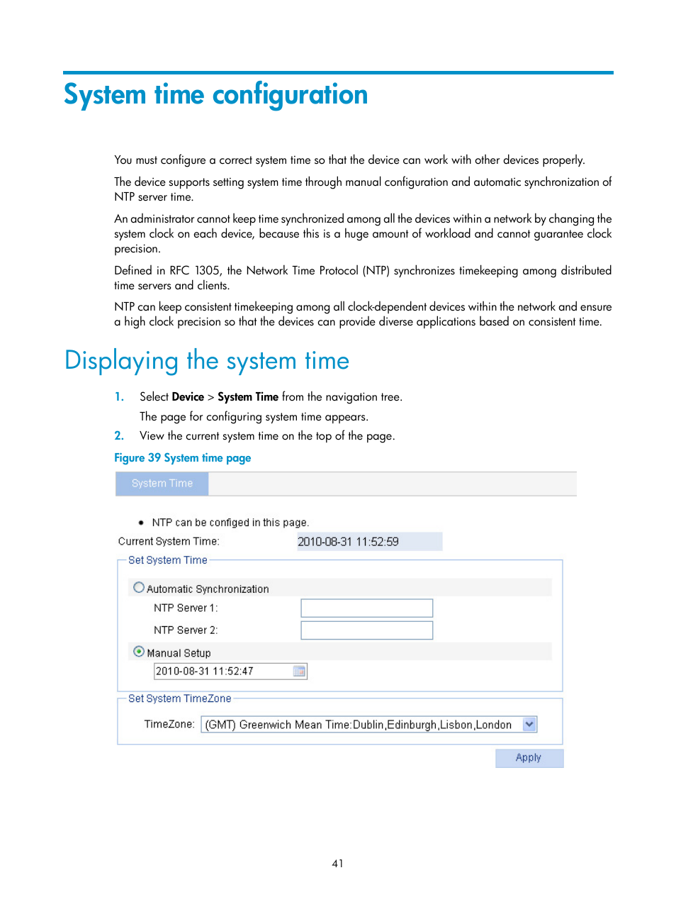 System time configuration, Displaying the system time | H3C Technologies H3C WA3600 Series Access Points User Manual | Page 54 / 447