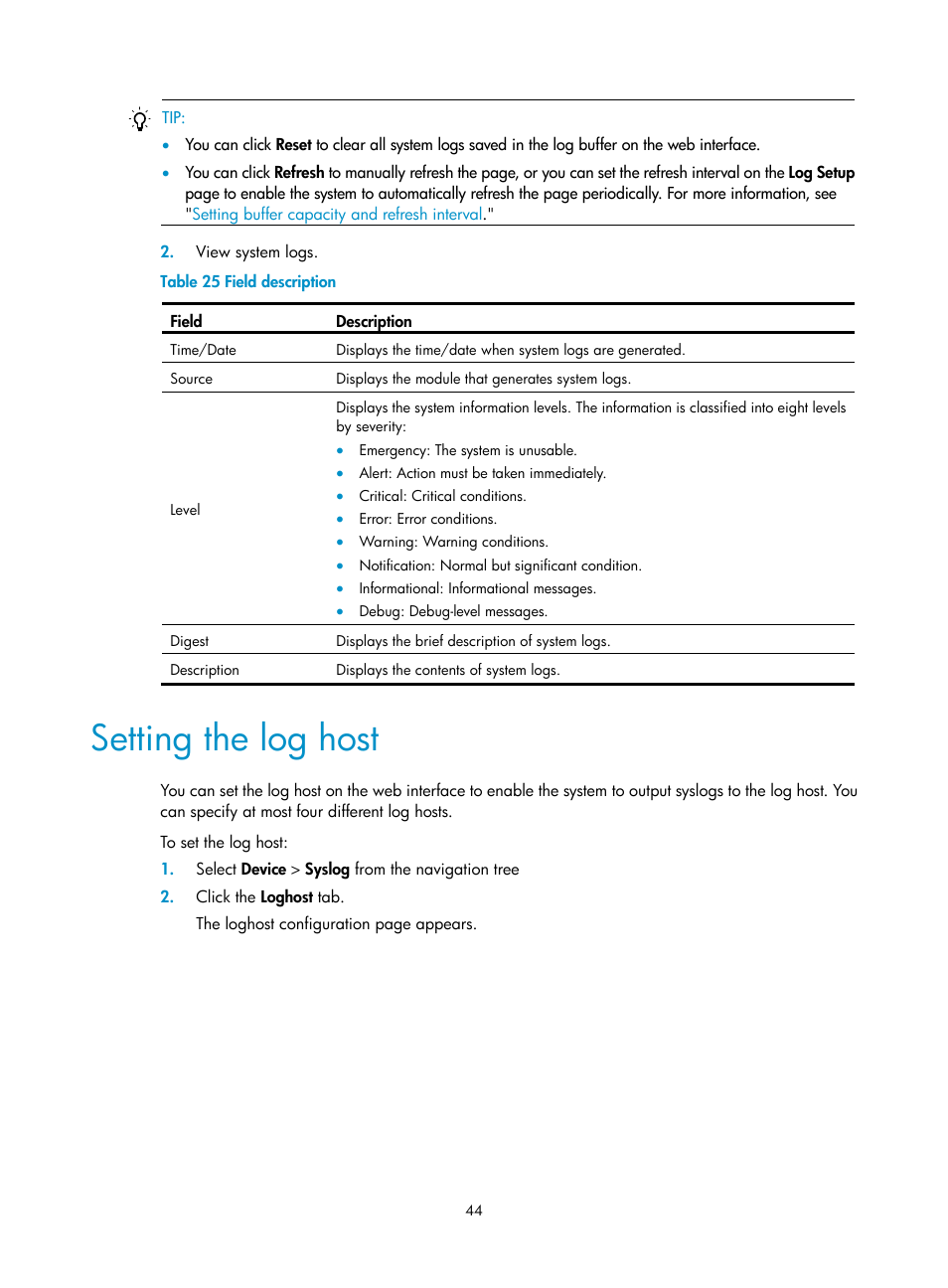 Setting the log host | H3C Technologies H3C WA3600 Series Access Points User Manual | Page 57 / 447