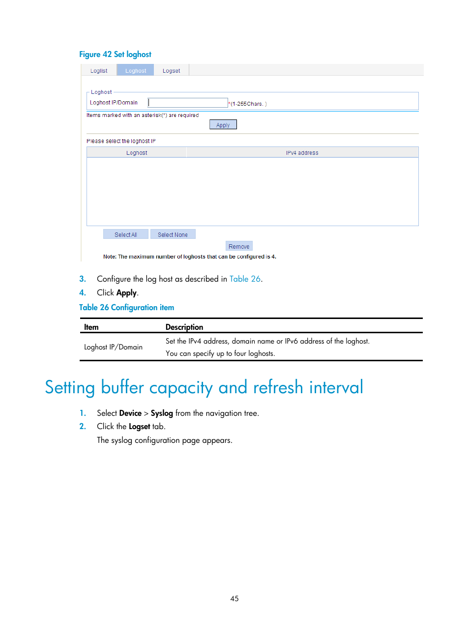 Setting buffer capacity and refresh interval | H3C Technologies H3C WA3600 Series Access Points User Manual | Page 58 / 447