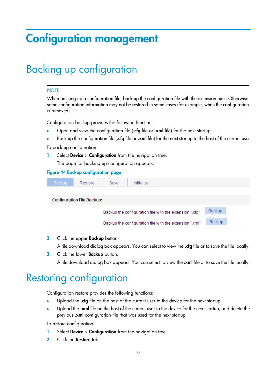 Configuration management, Backing up configuration, Restoring configuration | H3C Technologies H3C WA3600 Series Access Points User Manual | Page 60 / 447