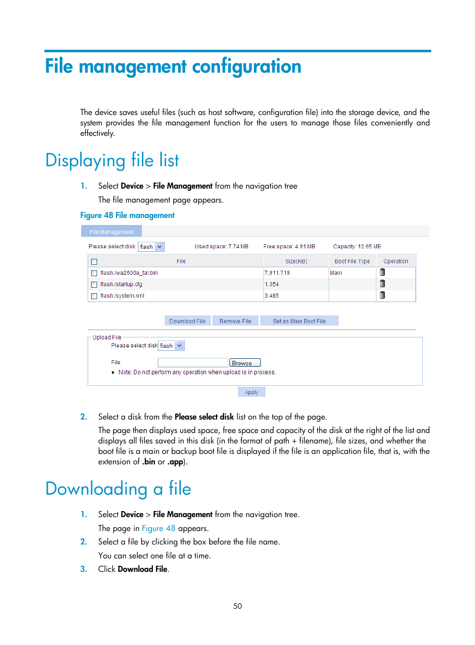 File management configuration, Displaying file list, Downloading a file | H3C Technologies H3C WA3600 Series Access Points User Manual | Page 63 / 447