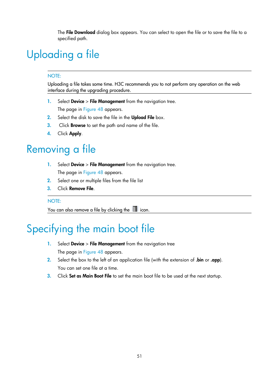 Uploading a file, Removing a file, Specifying the main boot file | H3C Technologies H3C WA3600 Series Access Points User Manual | Page 64 / 447