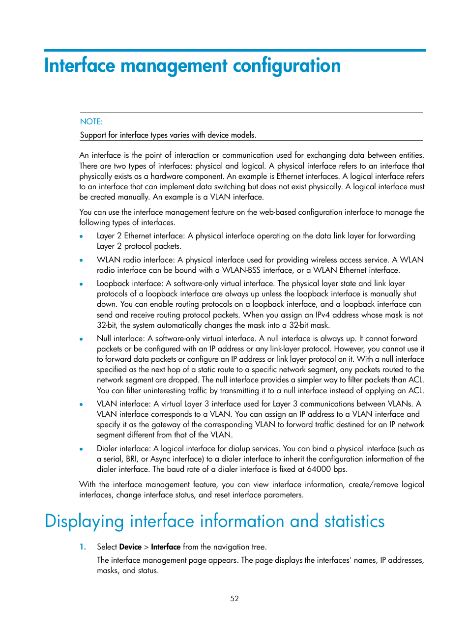 Interface management configuration, Displaying interface information and statistics | H3C Technologies H3C WA3600 Series Access Points User Manual | Page 65 / 447