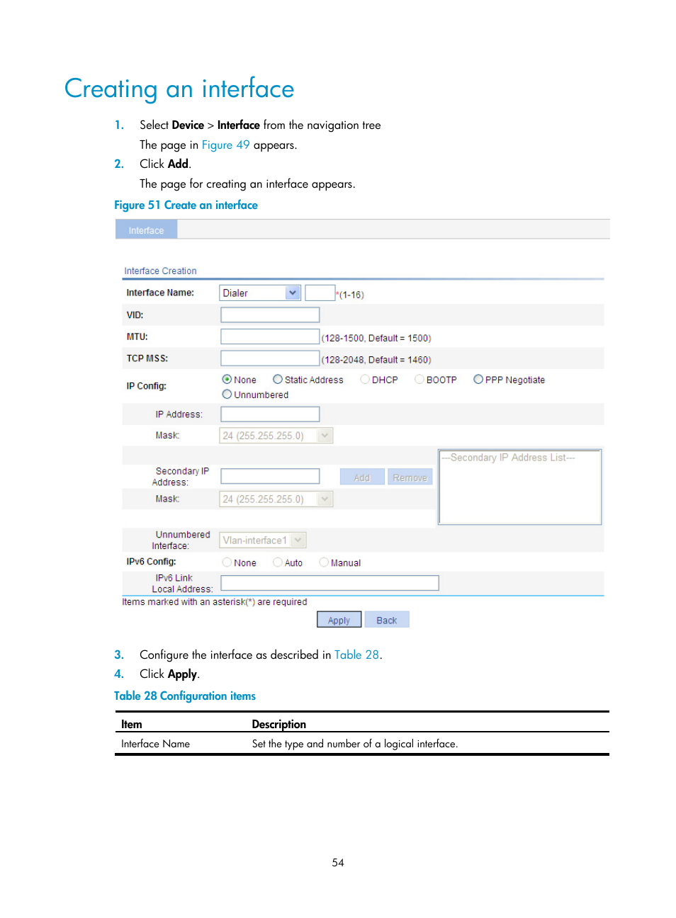 Creating an interface | H3C Technologies H3C WA3600 Series Access Points User Manual | Page 67 / 447