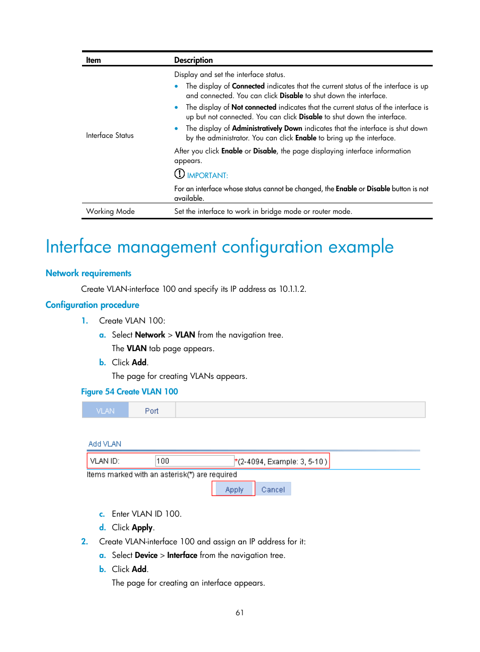 Interface management configuration example, Network requirements, Configuration procedure | H3C Technologies H3C WA3600 Series Access Points User Manual | Page 74 / 447