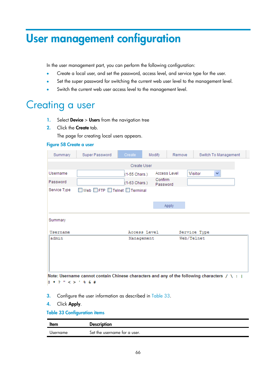 User management configuration, Creating a user | H3C Technologies H3C WA3600 Series Access Points User Manual | Page 79 / 447