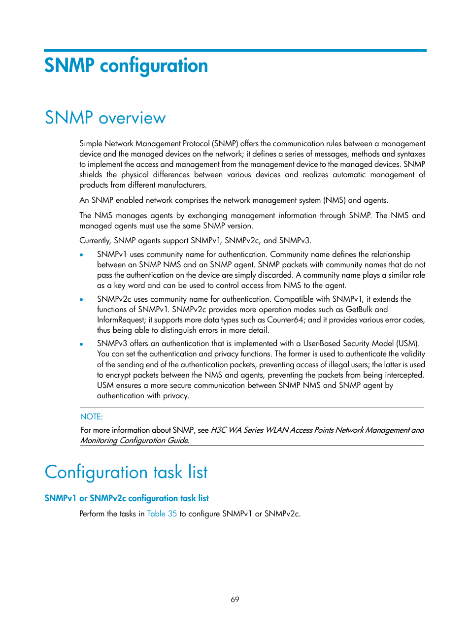 Snmp configuration, Snmp overview, Configuration task list | Snmpv1 or snmpv2c configuration task list | H3C Technologies H3C WA3600 Series Access Points User Manual | Page 82 / 447