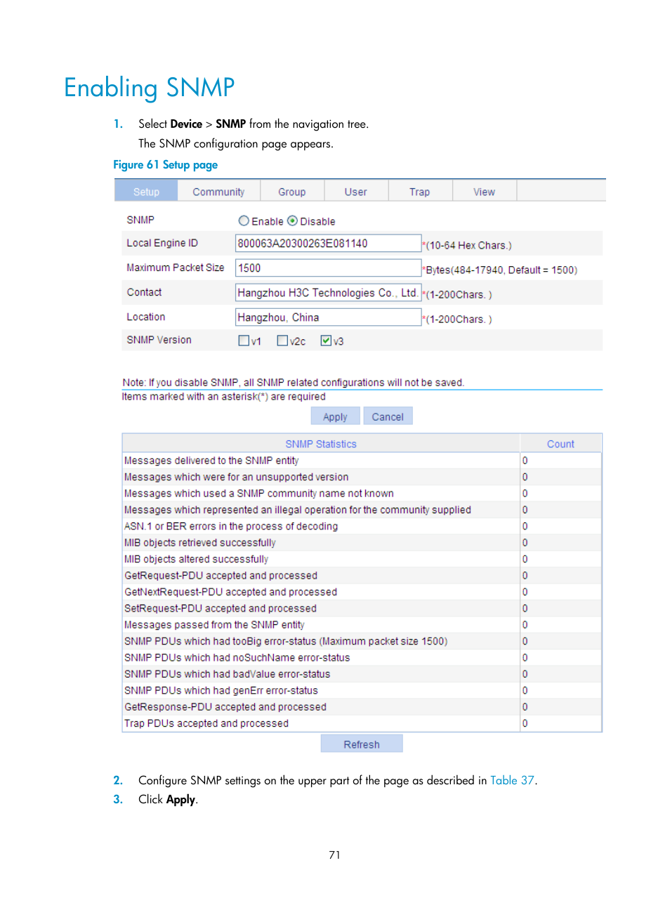 Enabling snmp | H3C Technologies H3C WA3600 Series Access Points User Manual | Page 84 / 447